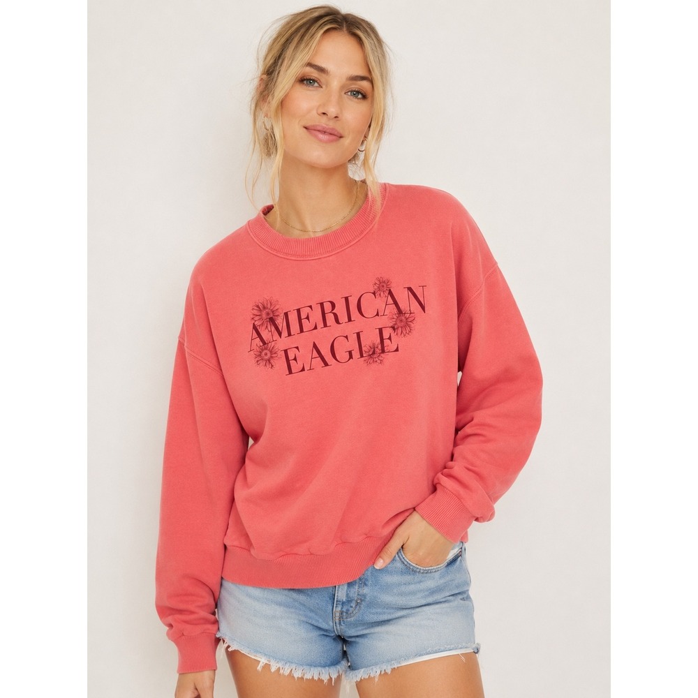 American Eagle AE Sweatshirt XS Coral-Pink Floral Logo Coquette Boho Soft Girl
